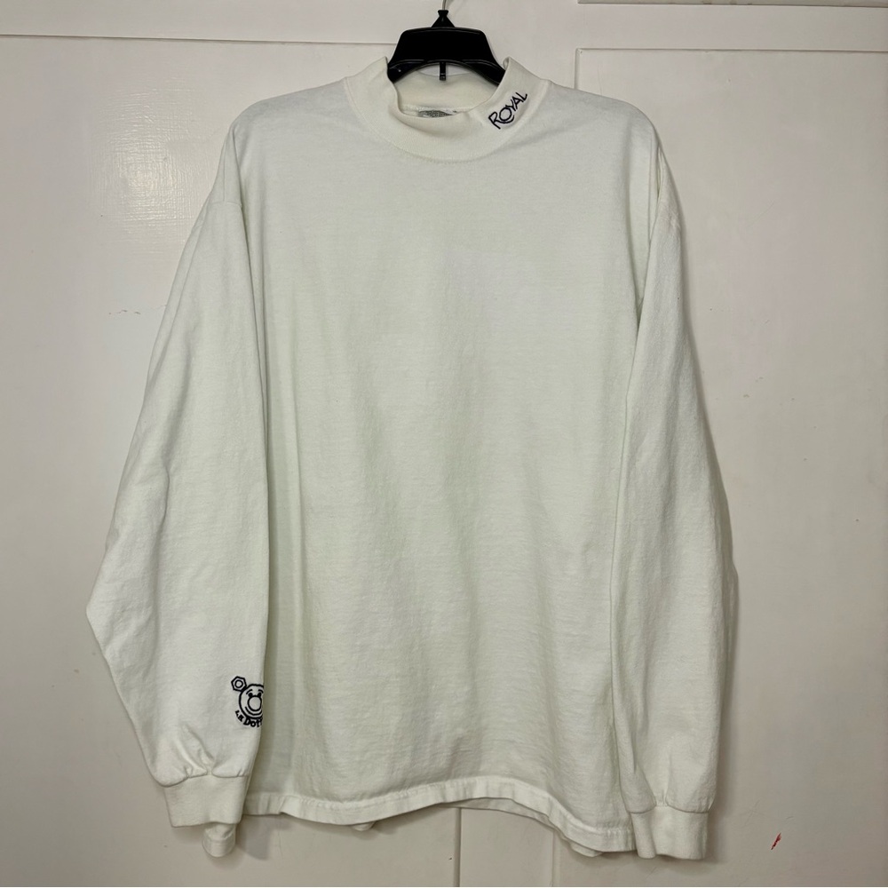 Vintage 90s White Retro Mock Neck Long Sleeve Shirt Royal Embroidery